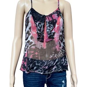 Magazine Camisole Womens‎ L Pink Black Animal Print Sheer Ruffle Spaghetti Strap